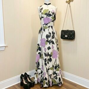 Vintage Floral Maxi Dress Ruffle Sleeveless Formal Brunch Summer Small/Med‎
